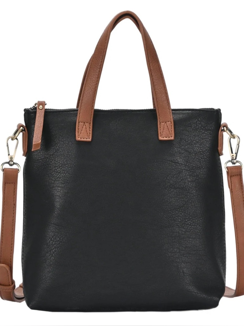 Antik Kraft Bree Crossbody Black Vegan Leather Mini Tote Bag Tan Handles Small